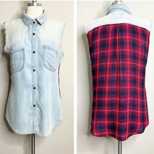 RAILS Sleeveless Chambray & Plaid Collared Button Down Shirt